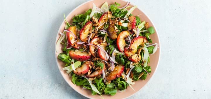 Grilled Peach And Arugula Salad With A Honey Dijon Dressing